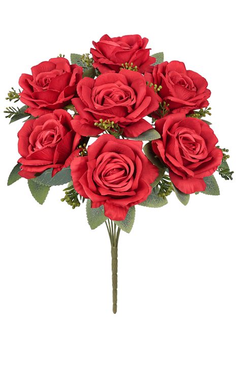 Deluxe Elegant Rose Flower Bush w Gypsophila x7, 17in, Red